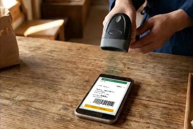 木のカウンターに置いたスマートフォンの画面に価格入りバーコードが表示され、それをハンディのバーコードリーダーで読み取っているところ。